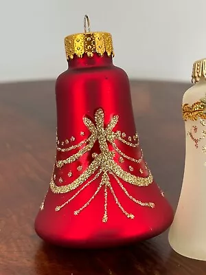 2 Vintage Glass Christmas Bell Ornaments W/ Glitter Design Red & Frosted Glass • $12.99