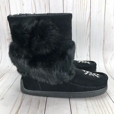 Manitobah Snowy Owl Mukluks Boots Winter Beading Black Suede Fur Womens Size 8 • $130
