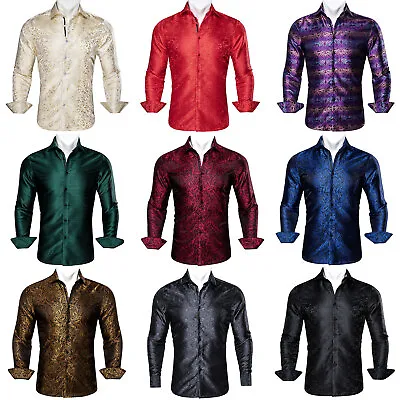 Men Silk Shirt Button Dress Shirts Paisley Long Sleeve Shirts Formal Work Casual • £24.99