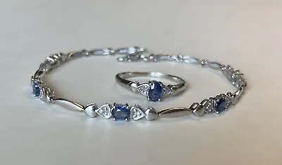 $211 • Buy Synthetic Blue Sapphires Genuine Diamonds 10k White Gold Tennis Bracelet & Ring