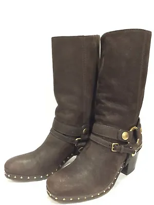 MIU MIU Studded Ebano Brown Leather Mid Calf Strap Moto Boots Size 37 7 Women • $119.51