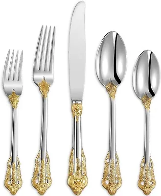 Luxurious Gold Accent 20 Piece 18/10 Stainless Steel Flatware Set Service For 4 • $99.99