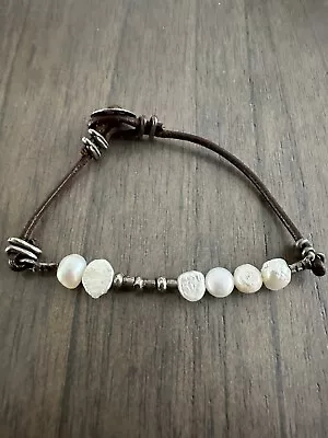 VTG Sterling Silver - SILPADA Cultured Pearl Leather Cord Bracelet Size 7.5” • $26