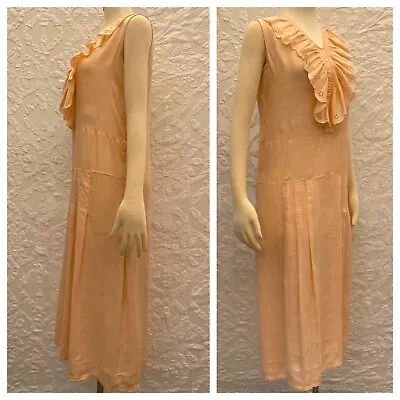 VTG 1930s Soft Linen Cotton Ruffle Bib Sleeveless Tea Length Midi Dress Peach • $125