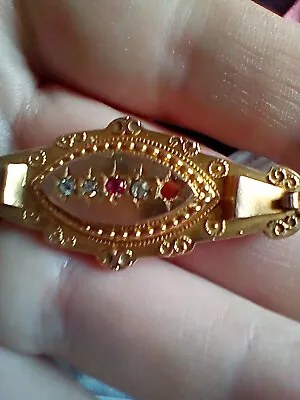 Etruscan 9ct Yellow Gold Bar Brooch. Set With Ruby &3 Old Mine Cut Diamonds Tlc • £58