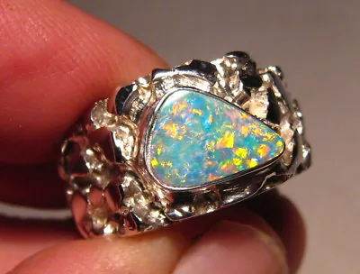 Men's Australian Opal  Ring   Sterling Silver  Thick Nugget Texture  Size 12 • $440