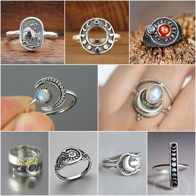 Vintage 925 Silver Plated Sun Moon Jewelry Boho Women Wedding Ring Gift Sz 6-10 • $2.86