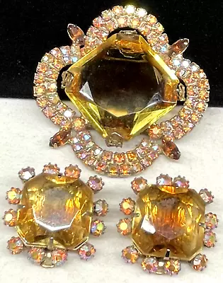 High End Brooch Earrings Set Rare Vintage Gilt Amber Glass AB Rhinestone A48 • $125