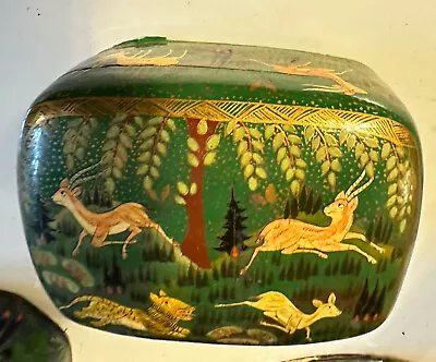 Vintage Paper Mache Box Deer  Kashmir India Hand Painted 4 3/4 X 3.5   • $29