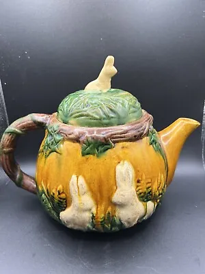 Vintage Majolica Style Pottery Rabbit Bunny Easter Theme Teapot • $18