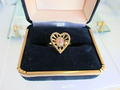 Vintage Heart Ring SZ 8 Faux Fire Opal Foil Dragons Breath Oval Stone GoldPlate  • $20