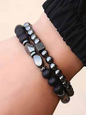 2pcs Set Men's Black Beaded Stone Wooden Wristband Bangle Bracelet Cuff Birthday • £5.39