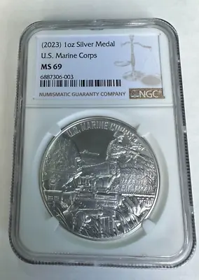 (2023) 1-oz Silver US Marine Corps Medal Matte MS-69 NGC W/OGP • $99