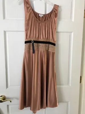 Miguelina Copper Color Silk Dress W Lace Black Ribbon Flair Skirt Sz. M • $15