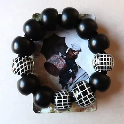One Size Fits All Hand Crafted Zsiska Black & White Resin Bead Stretch Bracelet • $36