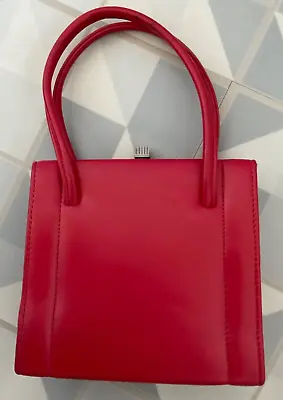 Vintage 60s Red Synthetic Boxy Kisslock Metal Frame Top Handles Handbag Bag Mod • £17
