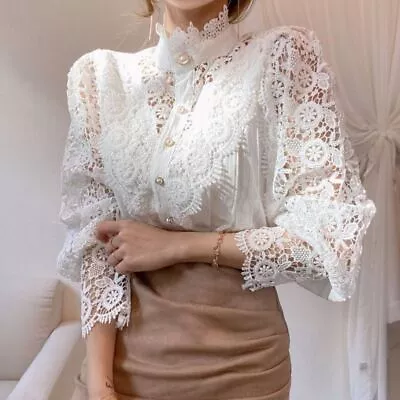 Lace Chic Button Vintage Shirt Long Puff Sleeve Clothes  Spring Summer • $26.37