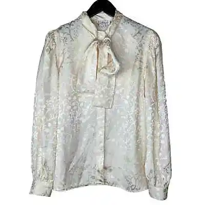 Vintage B Altman Silk Blouse Sz 12 Cream Floral Long Sleeve Pussy Bow Top Shirt • $30