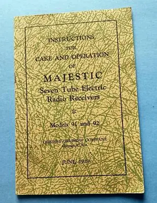 1929 Majestic Seven Tube Electric Radio Receiver Model 91 92 Instruction Book EX • $27.34