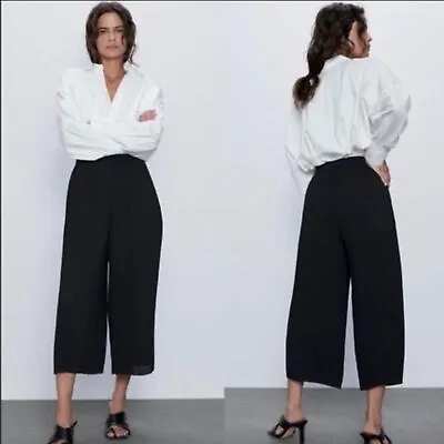 Zara Women Pants Small Black Cropped Wide Leg Culottes Elastic Waist Pull On • $19.97