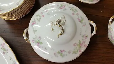 T Haviland Round Cov Veg Bowl 1903 Pink Roses/Green Leaves/Sm Gray Flowers S161V • $75