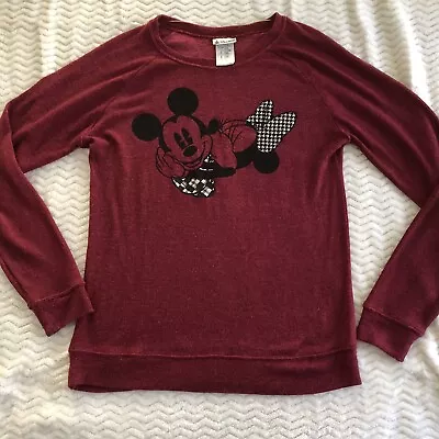 Disney Parks Womens Sz L Burgundy Lt Weight Longsleeve Mickey Minnie Sweater Top • $11.95