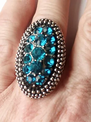 Vintage Turquoise Crystal Prong Stretch Ring Statement Silver Tone Large Glass  • $15.87