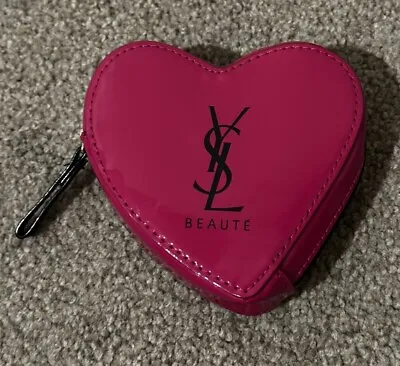 Rare YSL Beaute Fuchsia Faux Leather Mini Heart Pouch Case Cosmetic With Mirror • £27.89