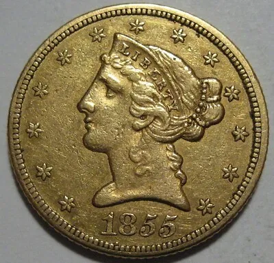 = 1855 XF NO MOTTO $5 Liberty Gold Piece MPD VP-001 LOW Mintage 117K FREE Ship • $1349.75