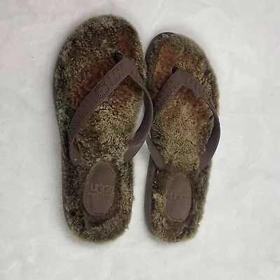 UGG Australia Fluffie Brown Fur Flip Flops Womens Size 6 Thong Summer Vacation • $35