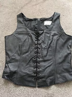 KIT Black Real Leather  Corset Top Womens UK 12/14 Laced Up Front Zip Back • £25