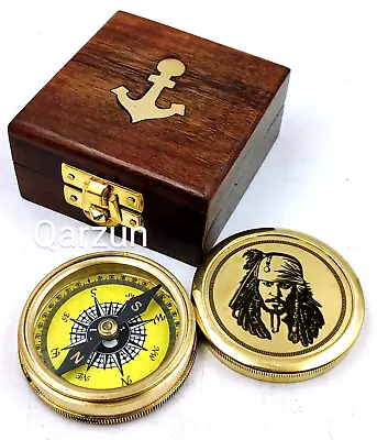 Brass Nautical Jack Sparrow Pirates Compass With Wood Box Vintage Gift • £27.17