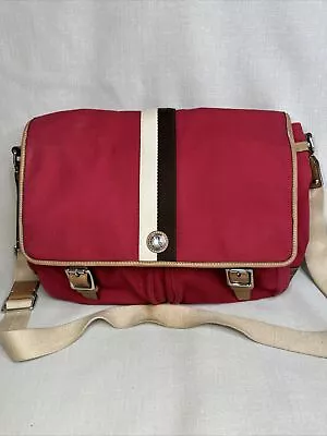 COACH Messenger Bag Canvas Red W/ Stripe Laptop Carryall Tan Leather Accents • $50