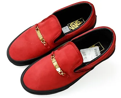 Vans Classic Red Suede Chili Pepper Slip On Shoes Mens 7 Gold ID Chain Black • $35.09