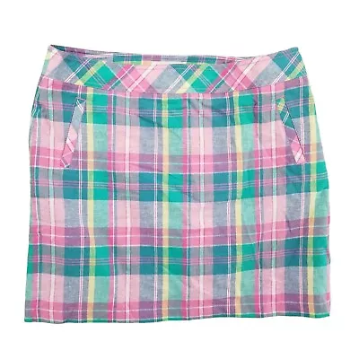 Talbots Petite Skirt Pink Green Madras Plaid Linen Cotton Blend Lined Size 16P • $19.99