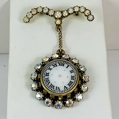 Vintage B Blumenthal Signed Aurora Borealis Rhinestone Faux Clock Dangle Brooch • $49.99