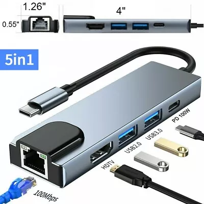 5 In 1 USB C Hub To RJ45 Ethernet Type C Hub Adapter Charger For Macbook 4K HDMI • $15.98