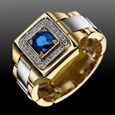 Mens Stainless Steel Ring Gold Silver Two Tone Sapphire Blue Premium Quality • £7.99