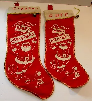 2 Vintage 1960s Stenciled Red Felt Christmas Stocking Santa Girl Bear Bell  • $22