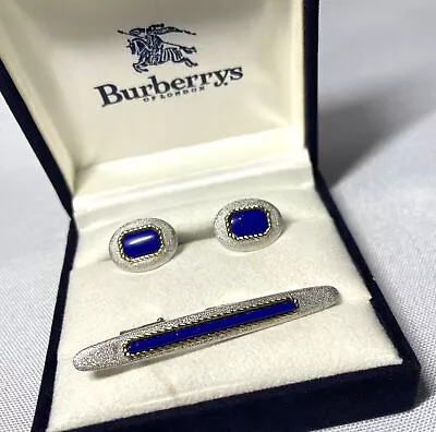 Auth [Good] Burberry Cufflinks Tie Pin Set Lapis Lazuli Embellished Silver • $445.05