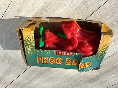 Vintage Hard Plastic Mechanical  Freedy Frog Bank ROYAL TOT CO 50’s / 60’s BOX • $39.95