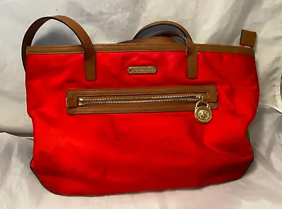 Michael Kors Kempton Nylon Red Purse Handbag Brown Leather Trim Inside Pockets • $19.95