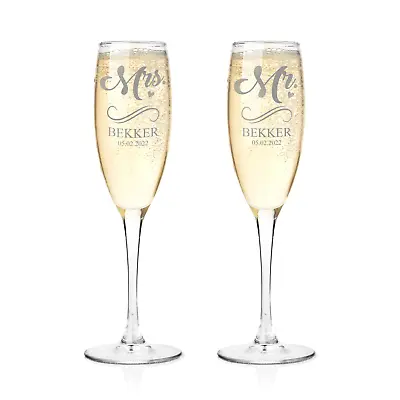 Custom Champagne Glasses Set Of 2 - Engraved Wedding Champagne Toasting Flutes • $28.95
