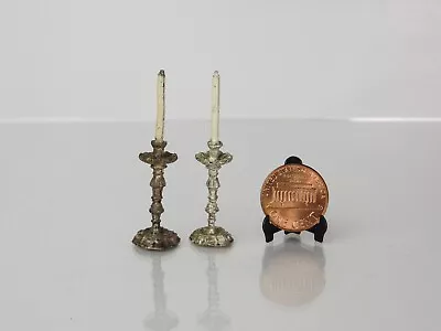 Vintage Miniature Pair Metal Candlesticks Dollhouse Diorama Accessory • $9.99