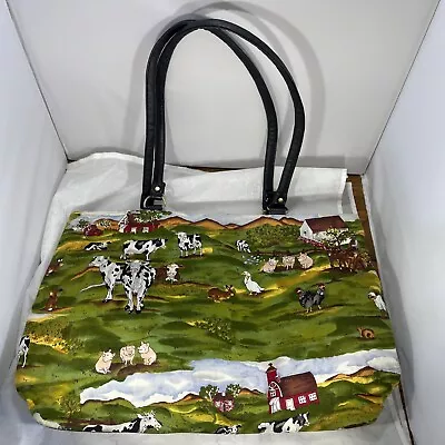 Animal Farm Print Tote Bag Purse Cows Ducks Rabbits Pigs In Pasture Nylon Strap • $14.99