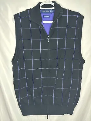 Polo Golf Ralph Lauren Mens Large Black Knit Full Zip Vest Purple Check & Lining • $27.99
