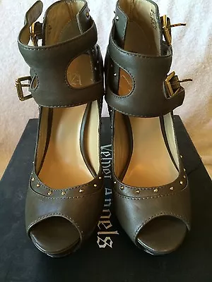 Velvet Angels Gray No Malice Studded Ankle Strap Peep Toe Women's Heels Size 39 • $149.99