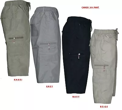 NEW MEN'S PLAIN 3/4 LONG SUMMER SHORTS ELASTICATED WAIST CARGO 3/4 Pant ( M-3XL) • £8.95