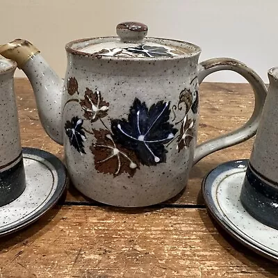 Art Pottery Teapot And 4 Cups W/Saucers Gray Stoneware Blue Brown Floral Leaves • $21.58