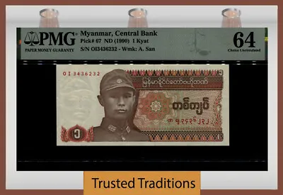 Tt Pk 67 Nd (1990) Myanmar Central Bank 1 Kyat Pmg 64 Choice Uncirculated • $12.99